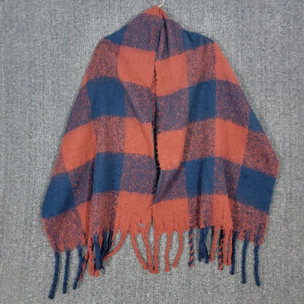 Eddie Bauer Wrap Shawl Womens OS Rust & Blue Buffalo Check Fringed Scarf 66x20